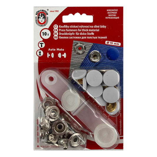 Boutons pression sport + camping avec outil 15 mm blanc