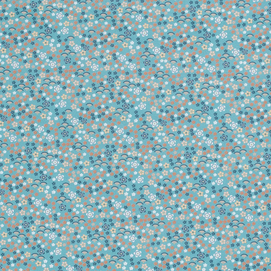 Tissu coton imprimé millefleurs bleu canard certifié OEKO-TEX® - Par 50cm