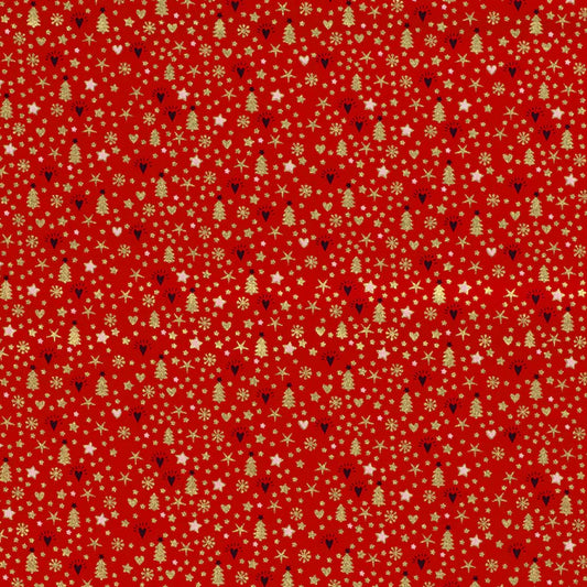 Popeline de coton arbre de Noël x 50cm - fond rouge