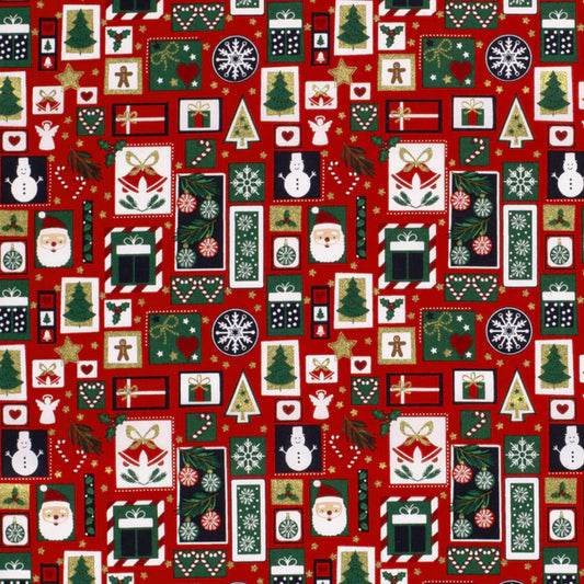 Popeline de coton patchwork de Noël x 50cm - fond rouge